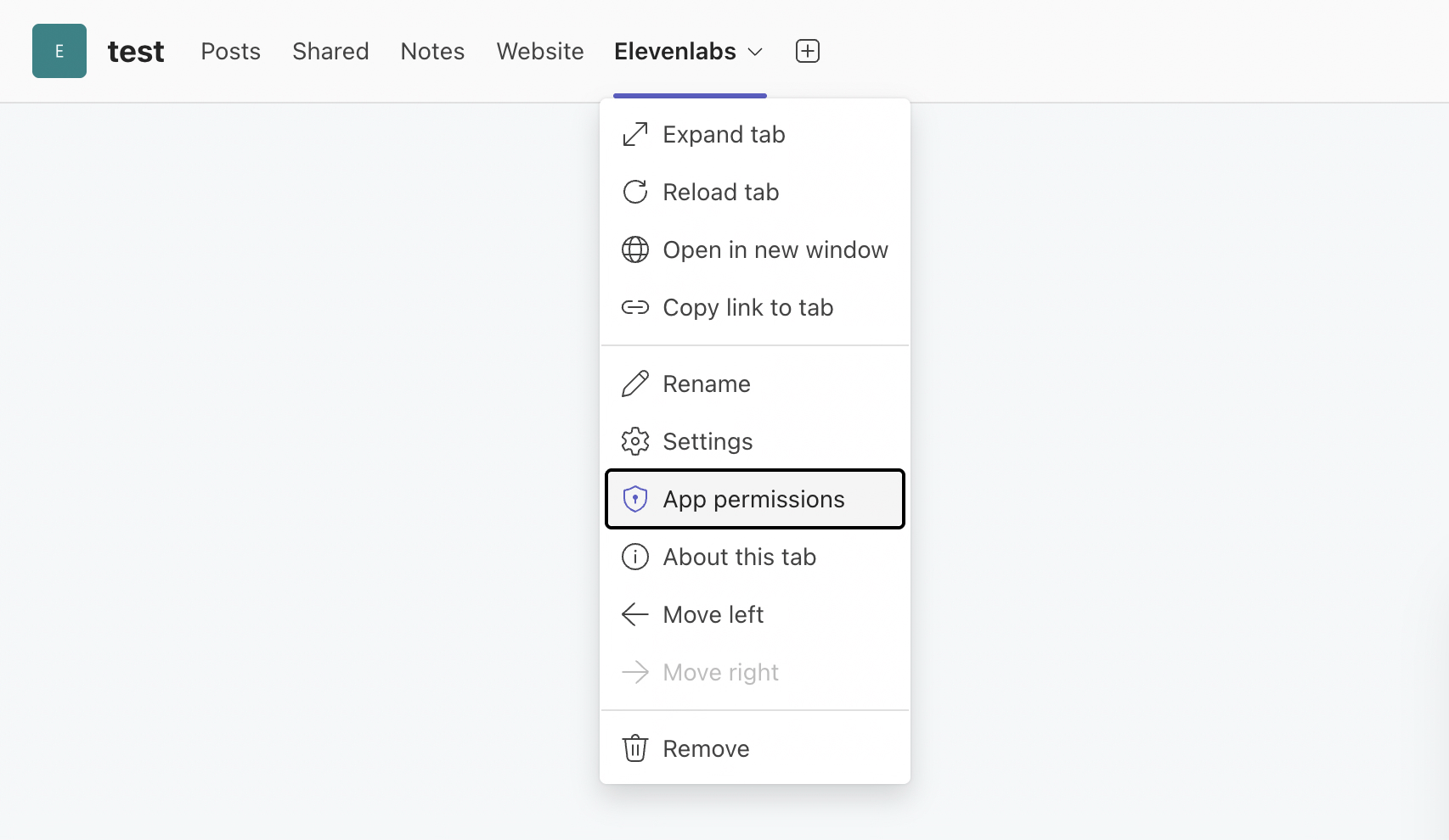 The Teams tab dropdown menu with App permissions highlighted