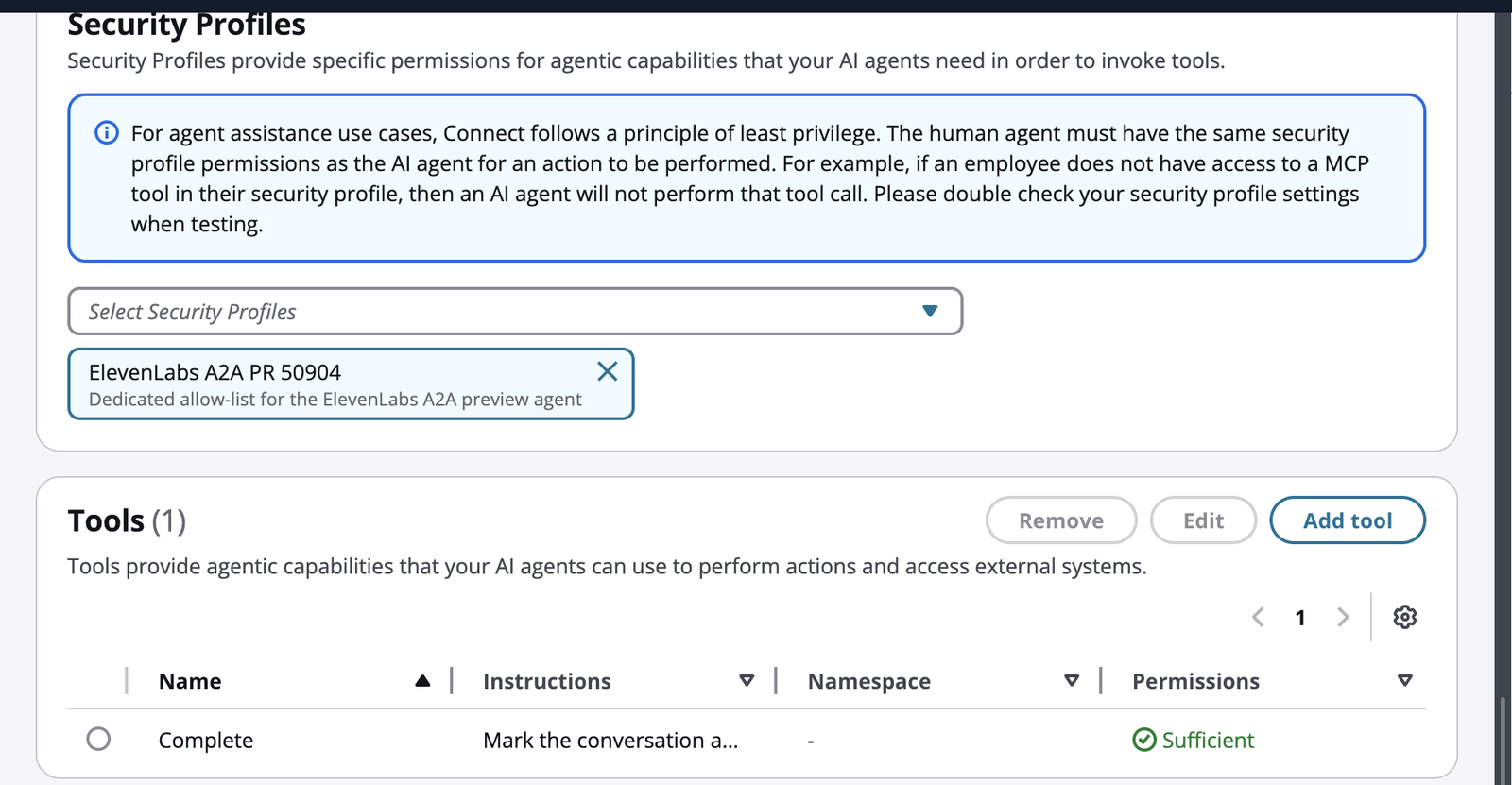 Orchestration AI agent in the AI agent designer with the dedicated security profile attached
