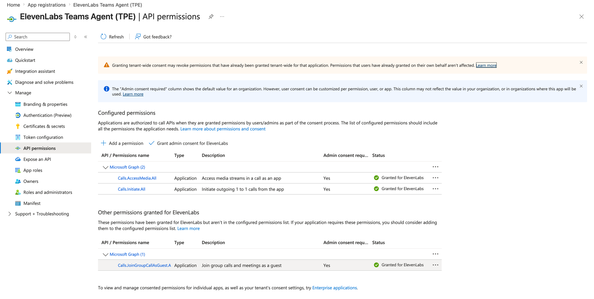 The app registration API permissions blade showing Calls.AccessMedia.All and Calls.Initiate.All granted