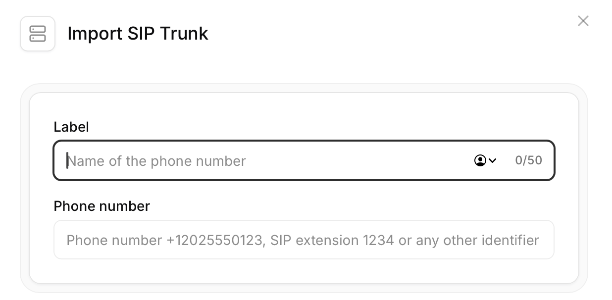 SIP trunk basic configuration with Label and Phone number fields