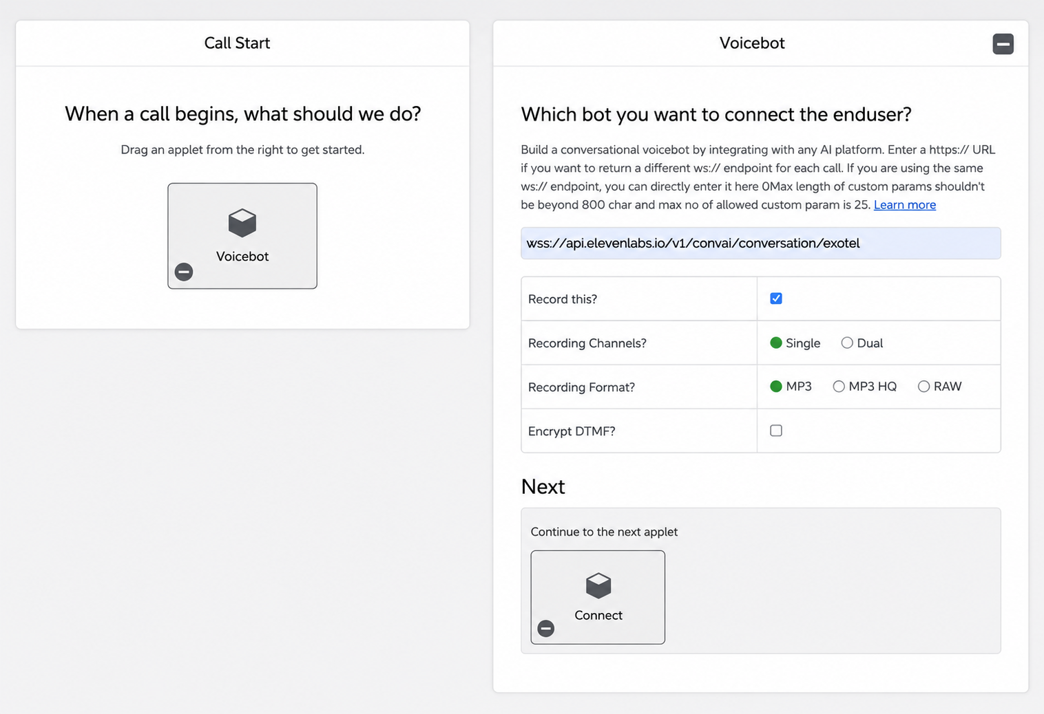 Voicebot applet configured with the ElevenLabs WebSocket URL