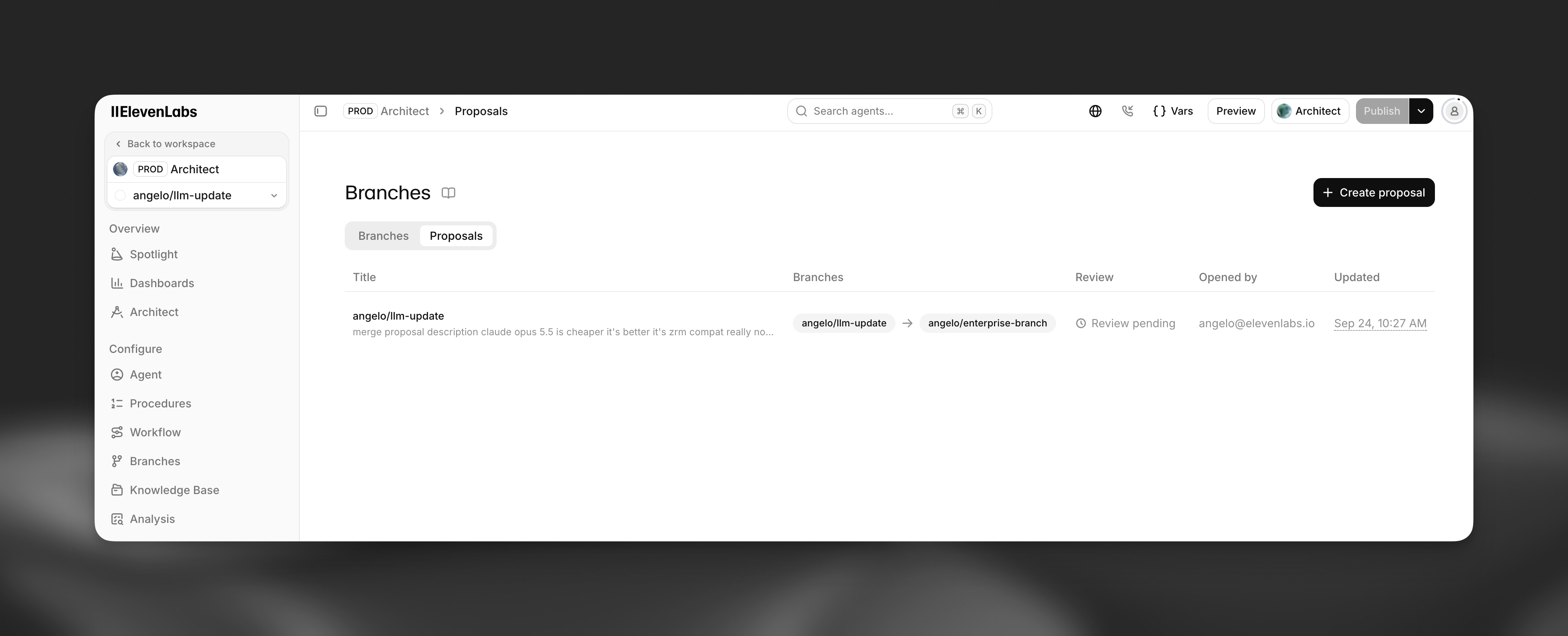 Proposals tab on an agent's Branches page