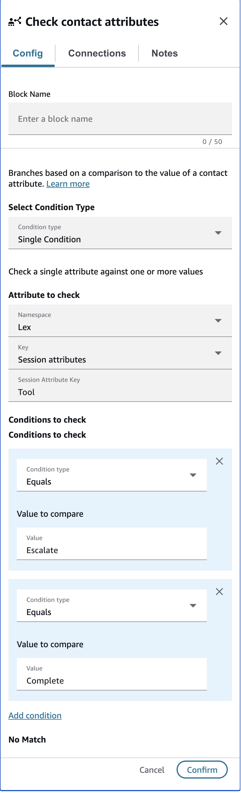 Check contact attributes block configured on the Lex session attribute Tool with Equals conditions for each outcome