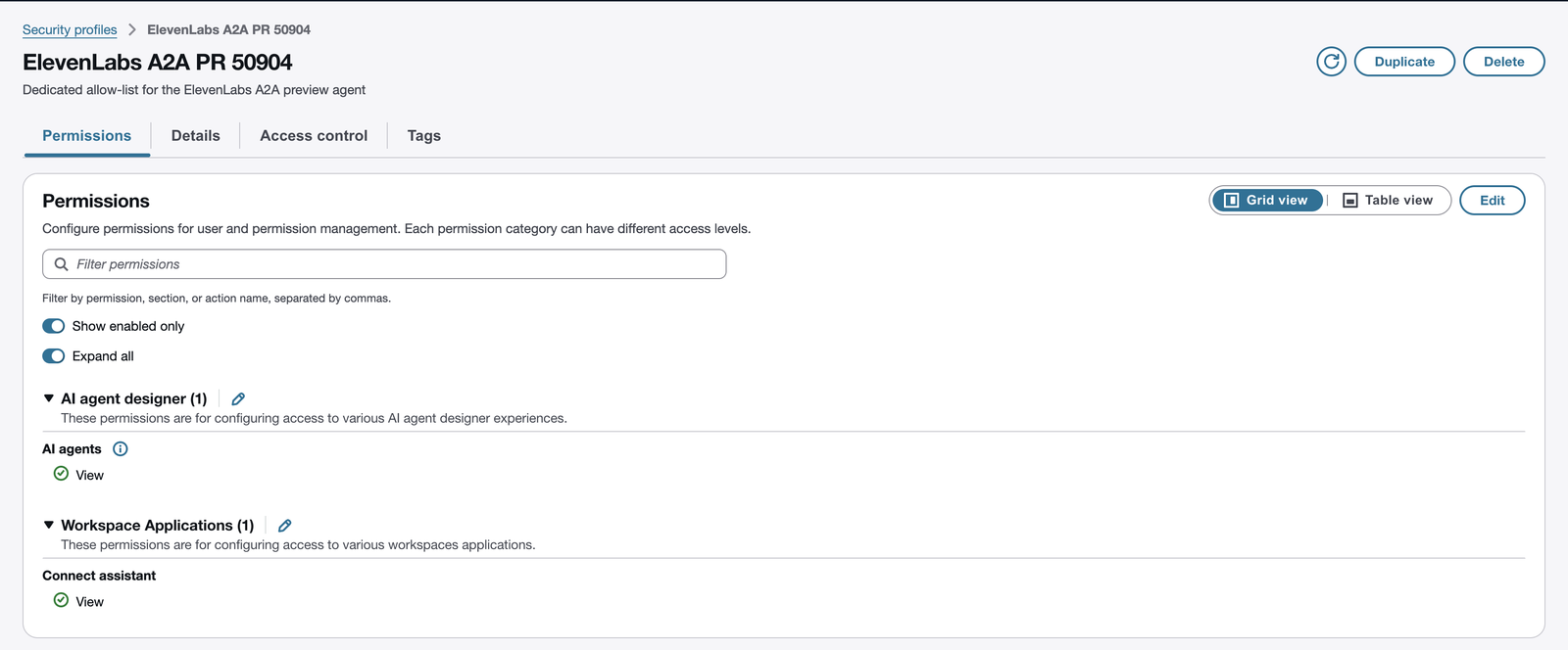 Dedicated security profile in the Amazon Connect admin website with AI agent view permissions
