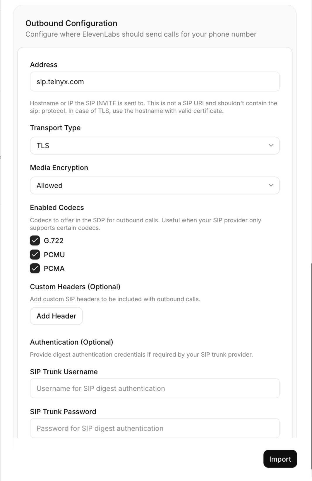 Outbound configuration settings, including address, transport type, media encryption, enabled codecs, custom headers, and authentication