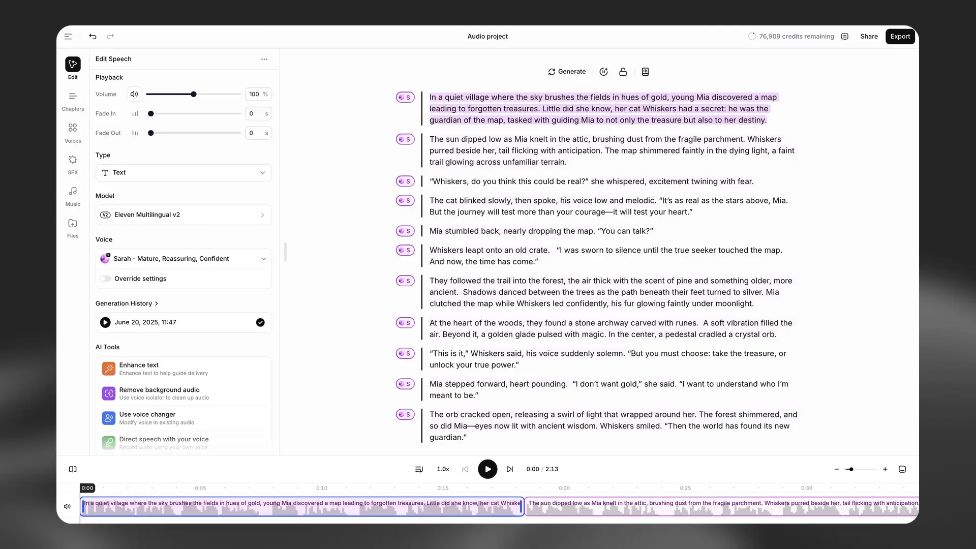 Contextual sidebar for an audio project