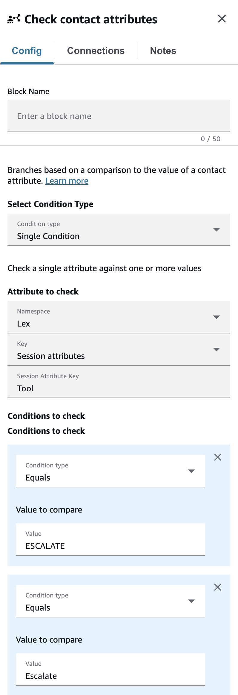 Check contact attributes block configured on the Lex session attribute Tool with Equals conditions for each outcome