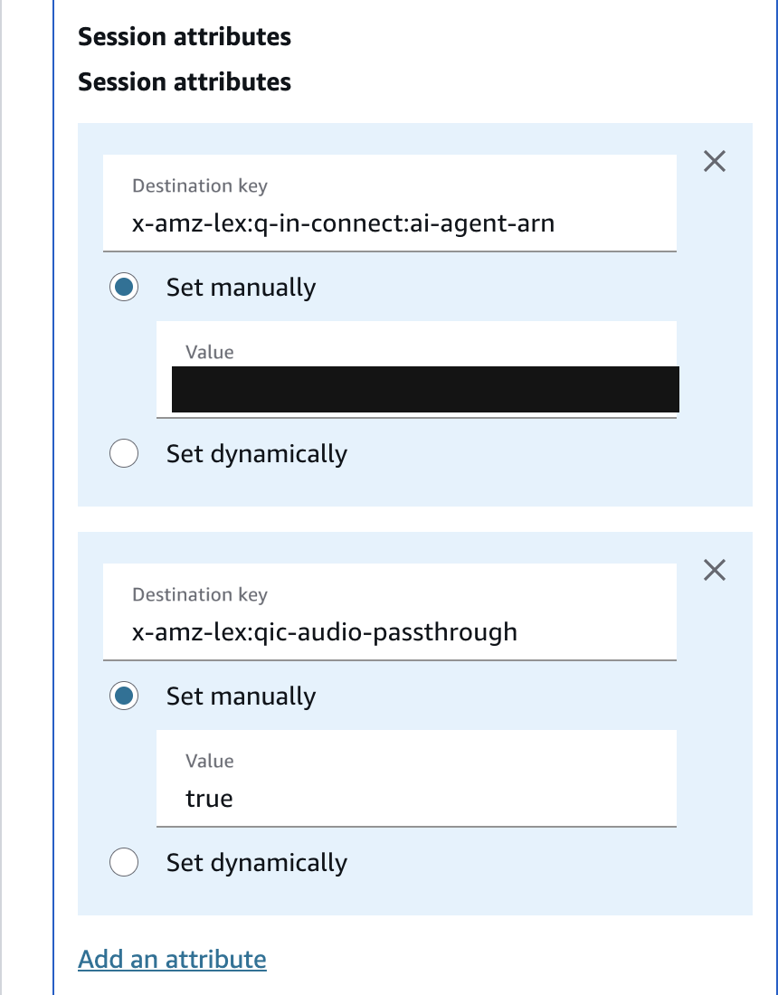 Session attributes of the Get customer input block: the versioned AI agent ARN and the audio passthrough flag