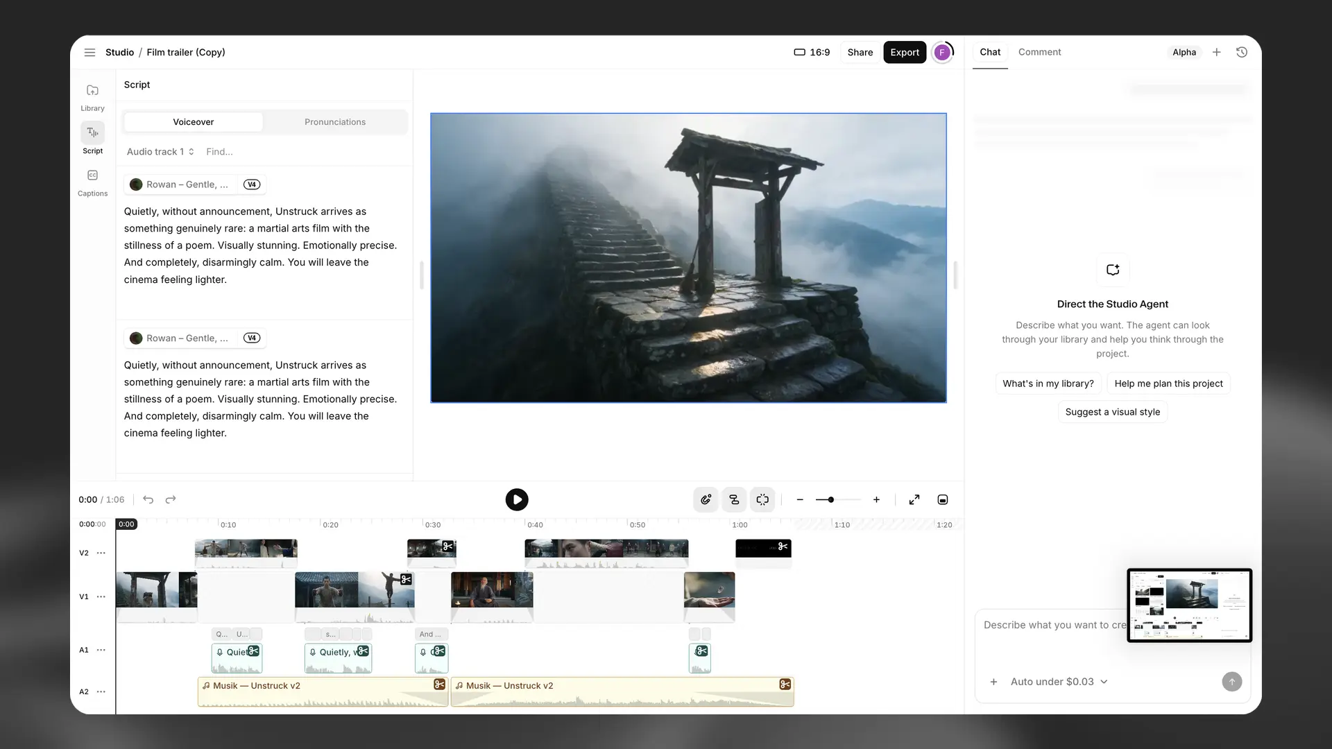 Script panel in the Studio video project editor