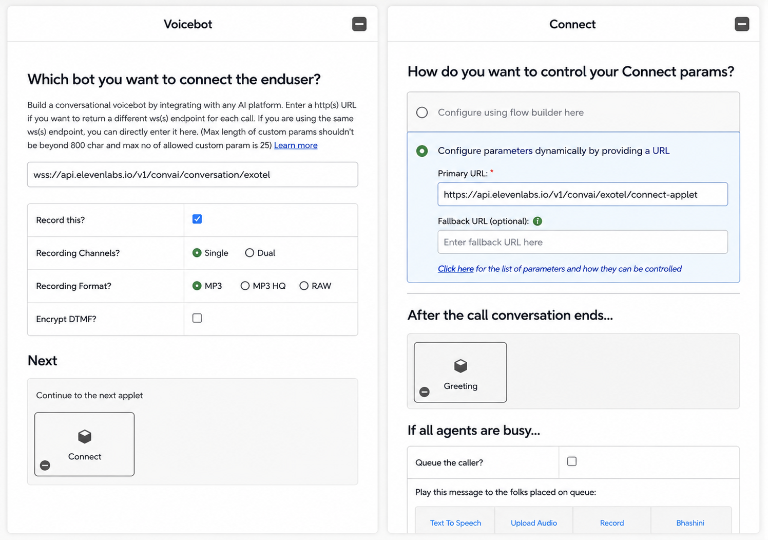 Connect applet configured with the ElevenLabs dynamic URL