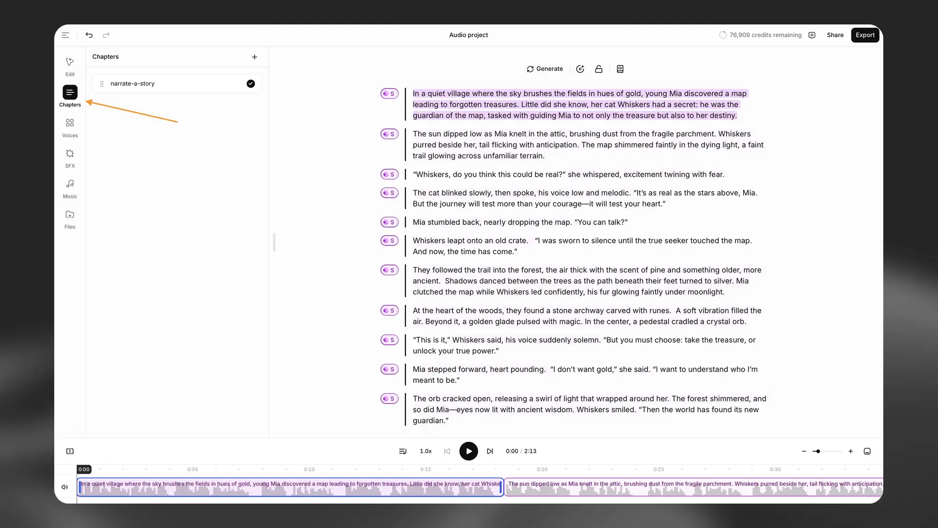 Chapters sidebar in a Studio Audio project
