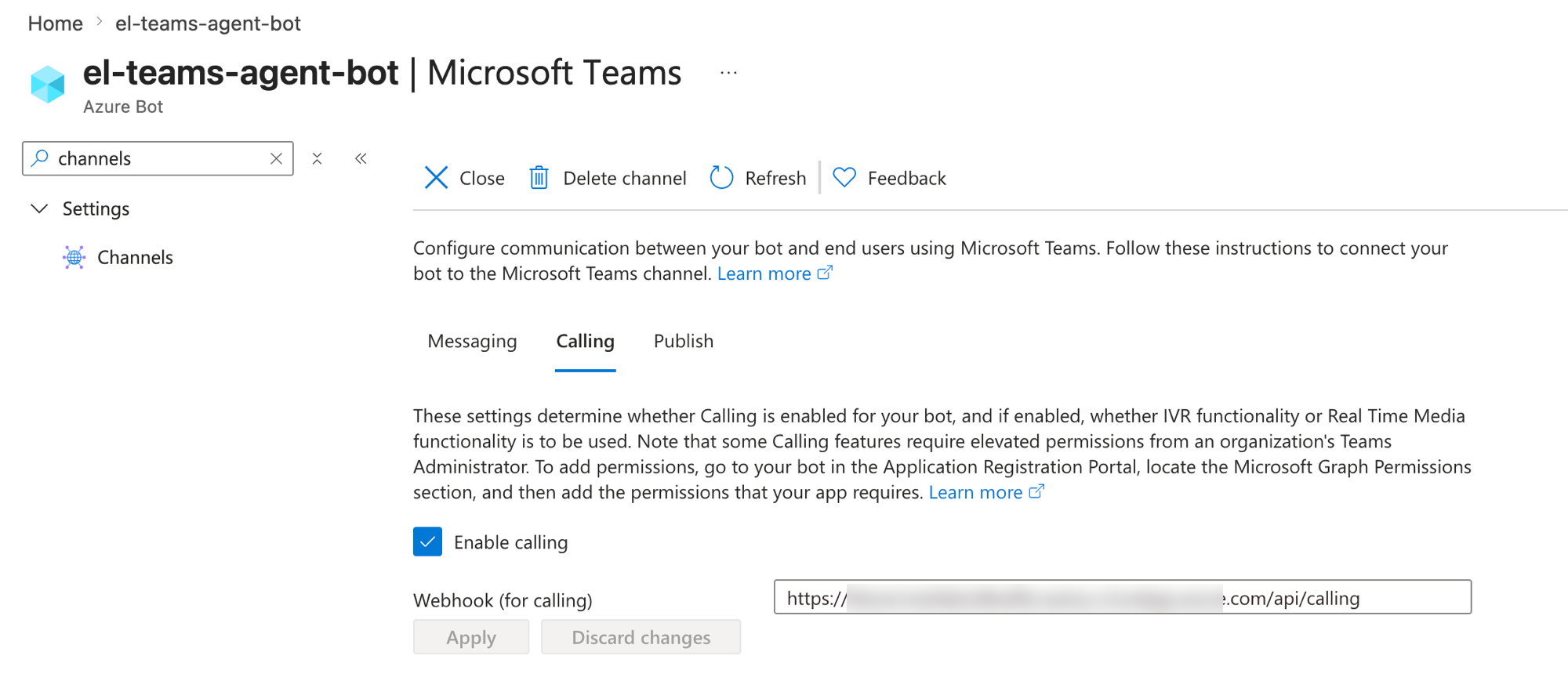 The Teams channel Calling tab with Enable calling checked and the calling webhook set