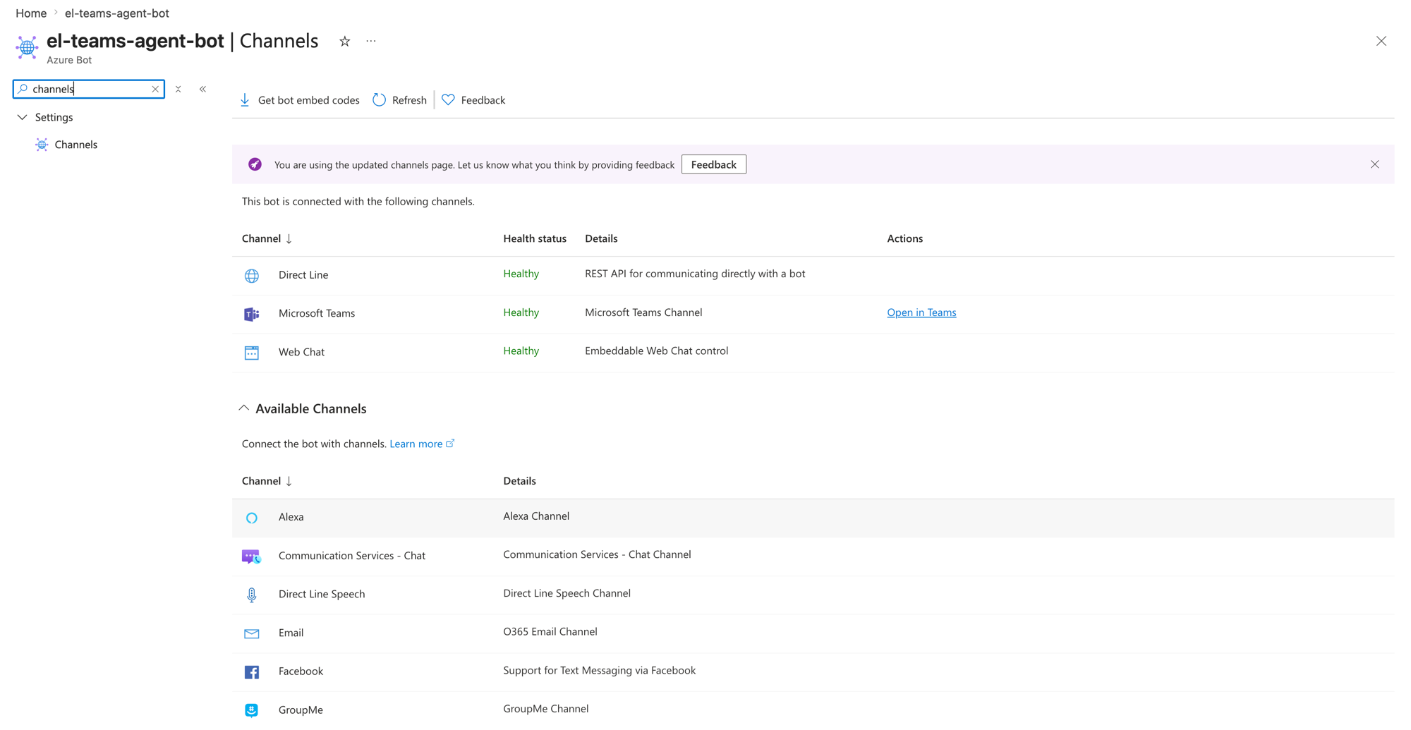 The Azure Bot Channels blade listing the Microsoft Teams channel as healthy