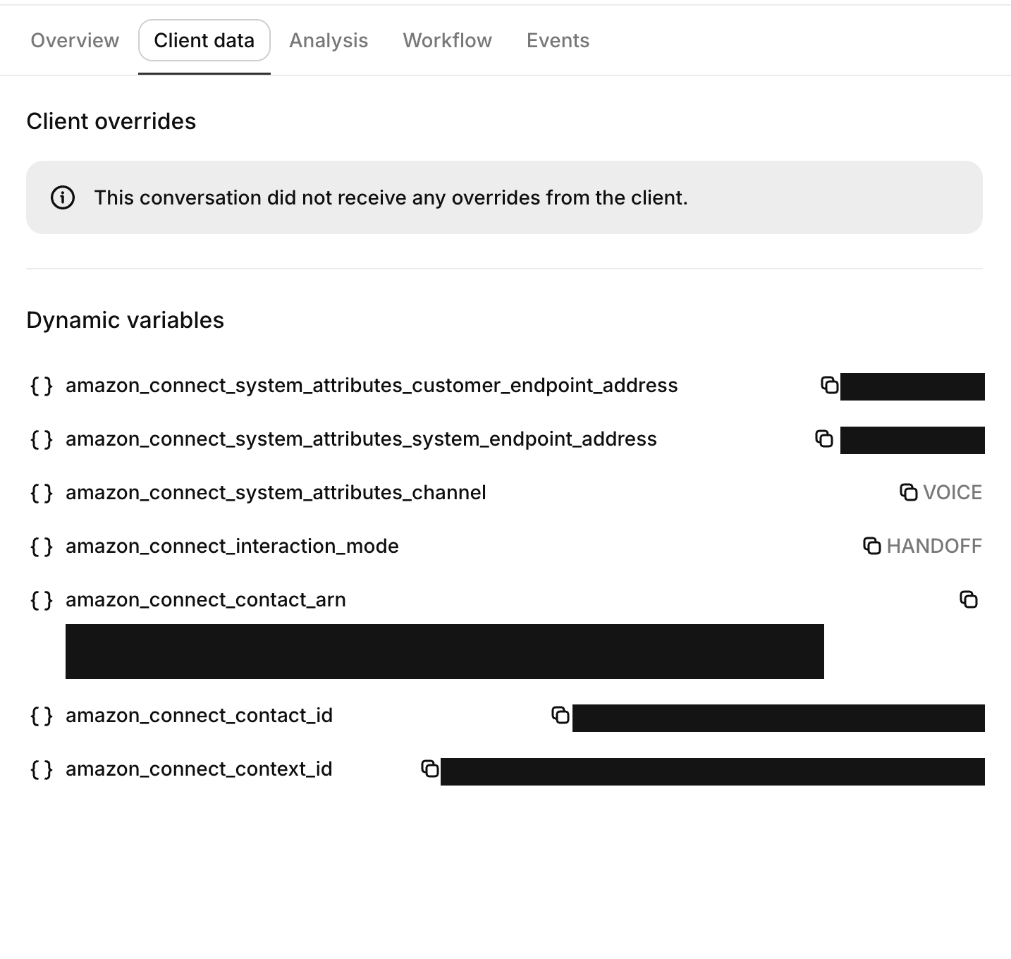 Client data tab of an Amazon Connect conversation listing the Amazon Connect dynamic variables
