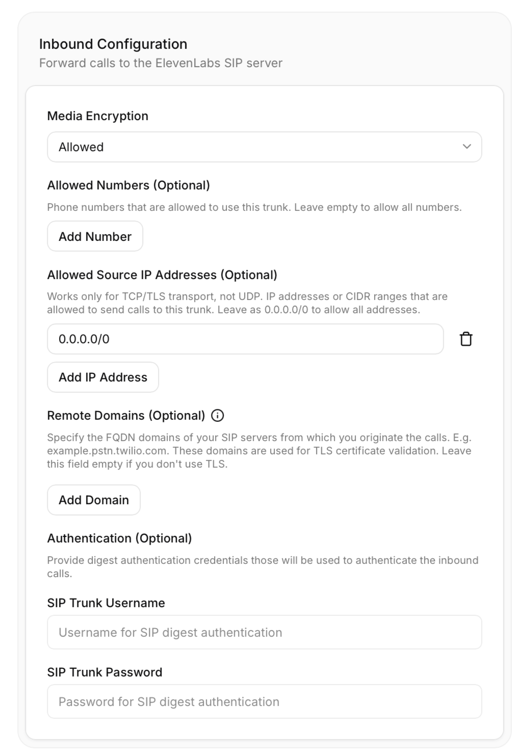 Inbound configuration settings, including media encryption, allowed numbers, allowed source IP addresses, remote domains, and authentication