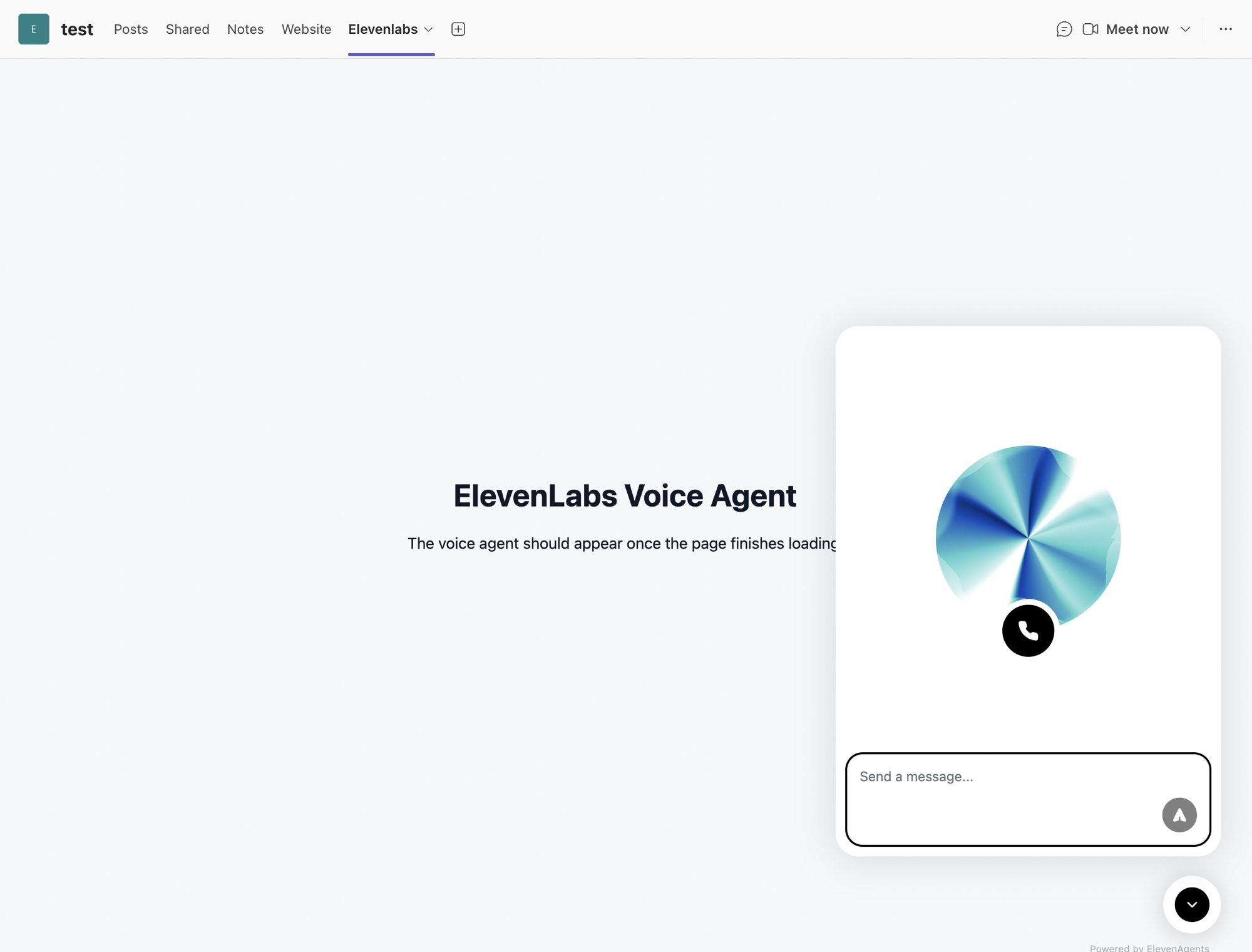 The ElevenLabs agent widget open in a Microsoft Teams tab
