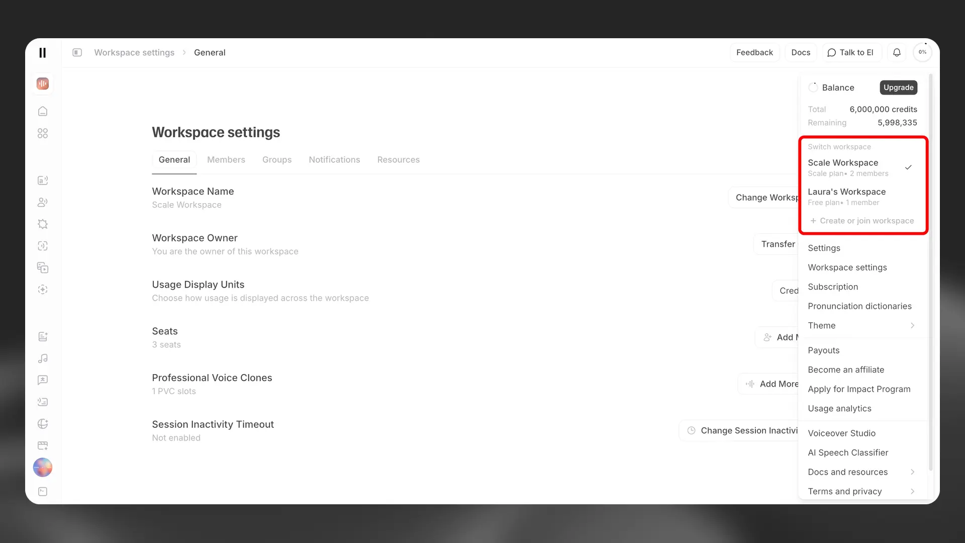 Switching between workspaces