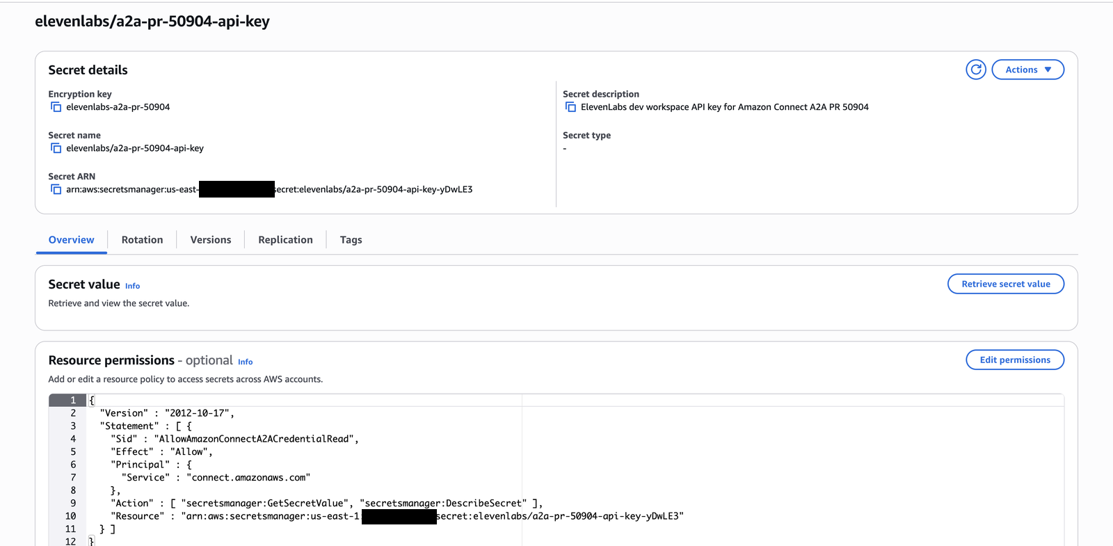 Secrets Manager secret encrypted with the customer-managed key and its resource policy for connect.amazonaws.com