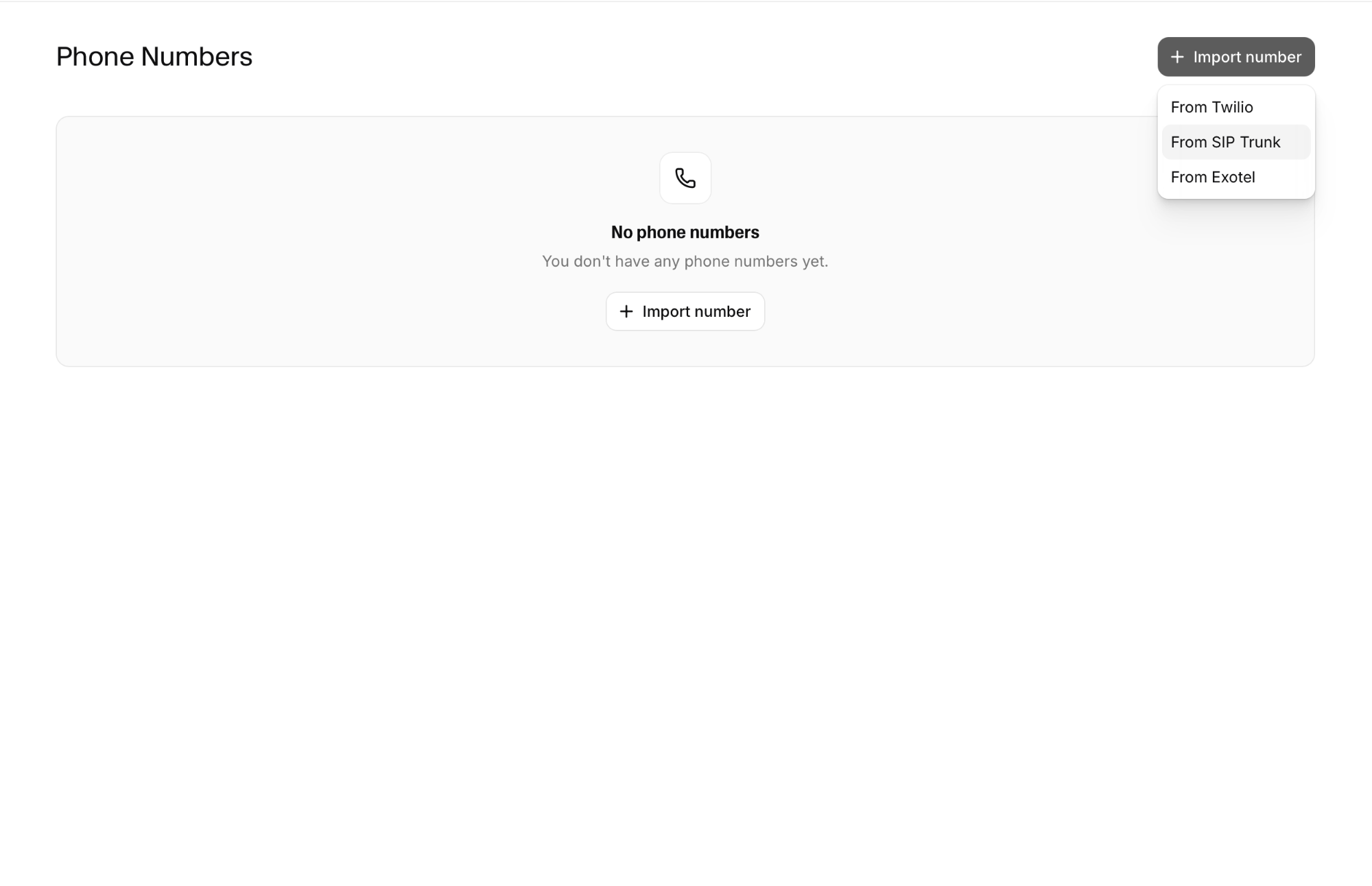 Import number menu with the From SIP Trunk option