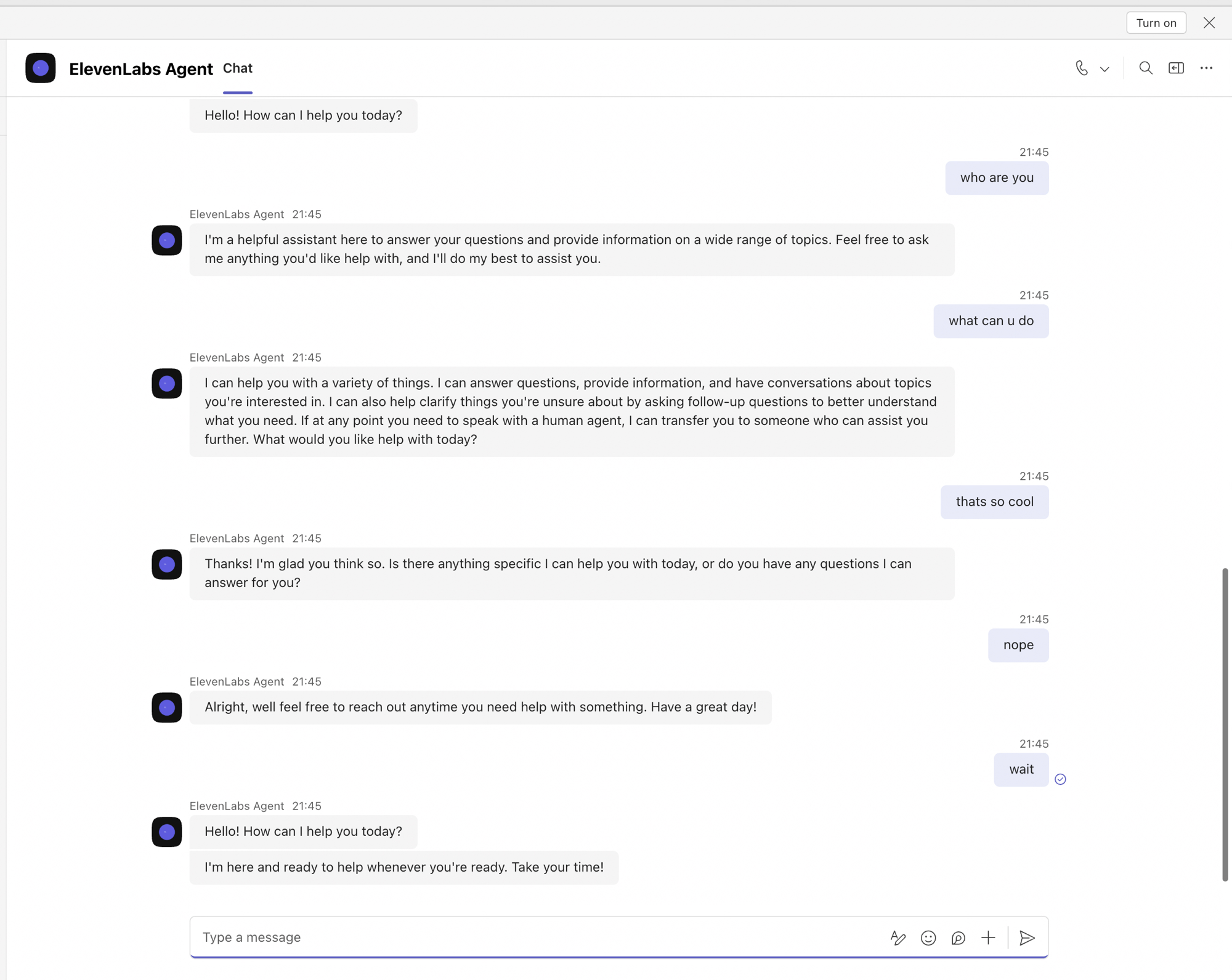 A Teams chat with the ElevenLabs agent bot answering text messages