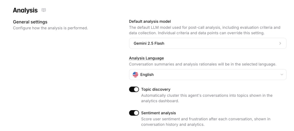 Analysis settings showing topic discovery and sentiment analysis toggles